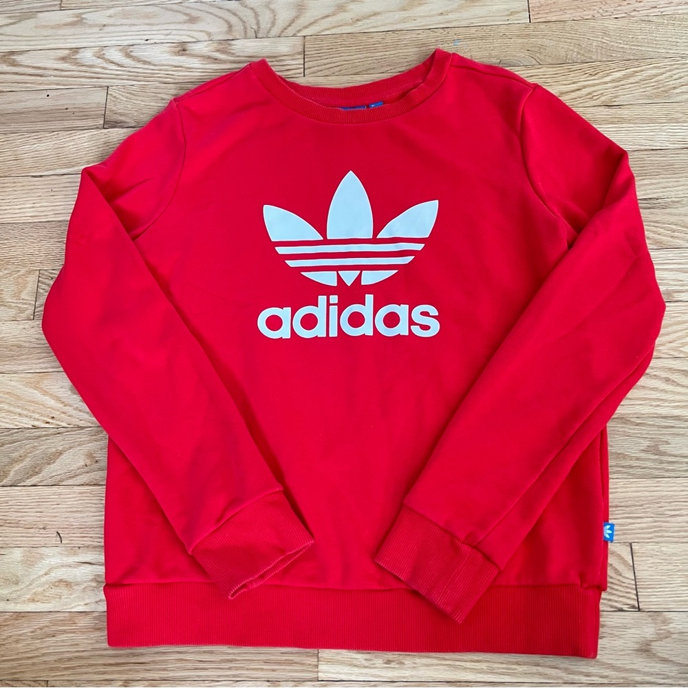 Adidas Mens Size Small Red White Trefoil Logo Crewneck Pull Over Sweatshirt